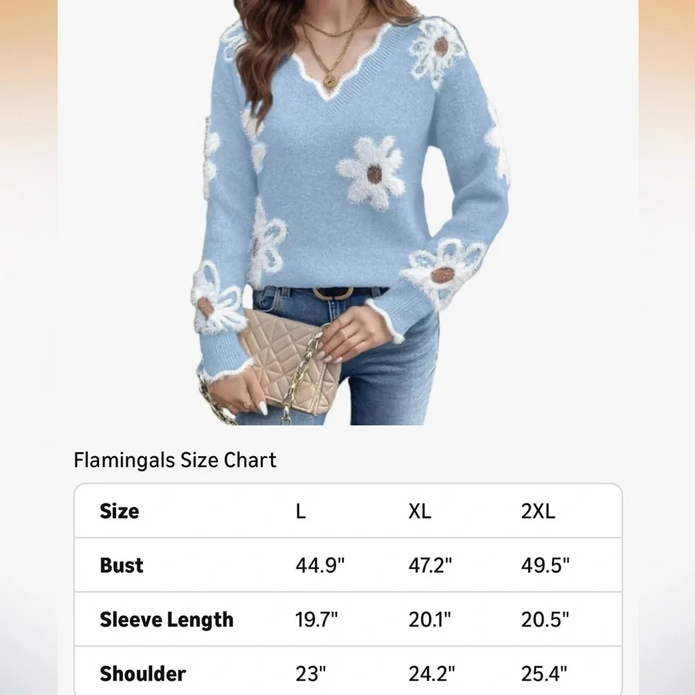 Light Blue Floral Fuzzy V-Neck Sweater - Picture 6 of 6